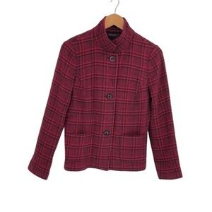 Talbots Blazer Jacket Women 10‎ Plaid Red Black Check Button Front Wool Blend